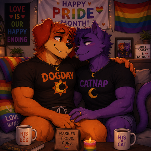 A anthropomorphic smiling critters verse. Both anthro DogDay and Catnap are both boyfriends living together and married. Sits together on a sofa. Today’s pride month. Both grownups. Animated art version. Looking at each other in wholesome. Yaoi.