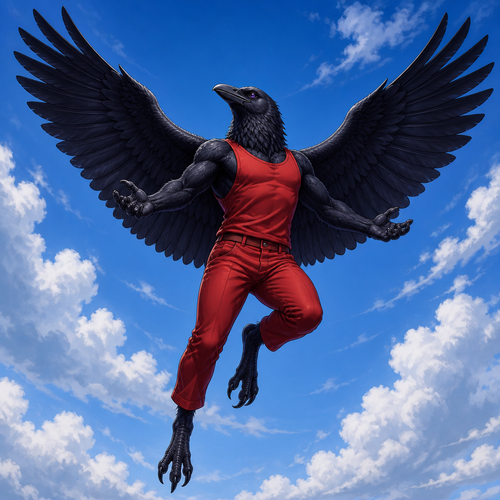 Anthropomorphic Raven wearing red pants and red sleeveless shirt. Wings spread out wide behind him as he is flying up in the sky. Solo full body