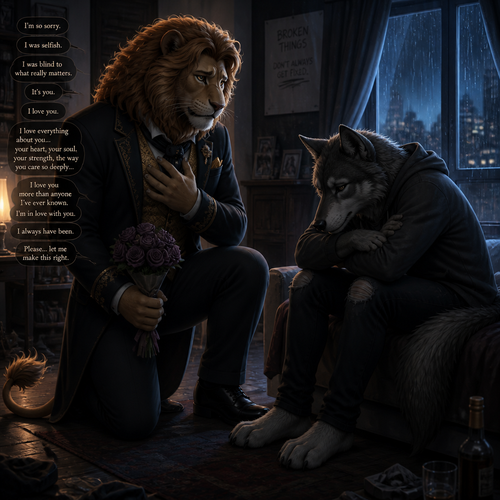 A (well-made grown anthropomorphic male character) rich Barron a Lion with a sad look that wears whatever he wears who came to see a unhappy non-rich despair but a broken hearted anthro male grey Wolf for an apology for how he’s sorry and tell him he loves him and says his feelings for him because he’s gay.