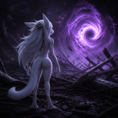 A well-made anthro male character that looks like Ori. Has thin legs, round buttocks, and a long tail, also has long thick hair with hair tools. Looking suspiciously at the vortex that appears itself out of nowhere. Back view. Into the collapsed trees on a ground.  