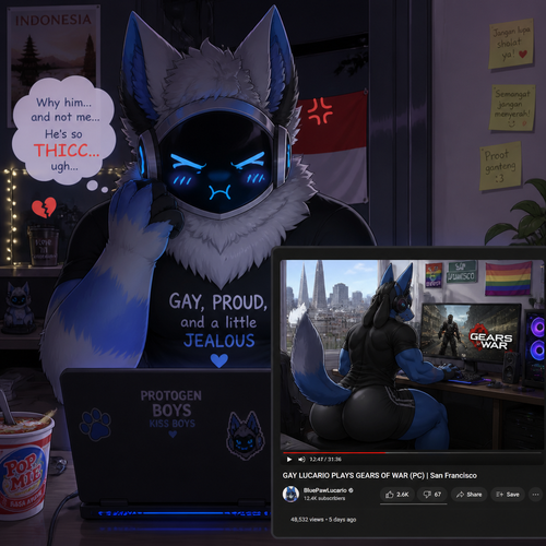 A jealous fluffy gay male Protogen (lives in Indonesia), who uses his laptop and see a video of a male gay Lucario (lives in San Francisco) with thick thighs and buttocks playing a game called Gears of war on PC. Animated verse. Front view. 