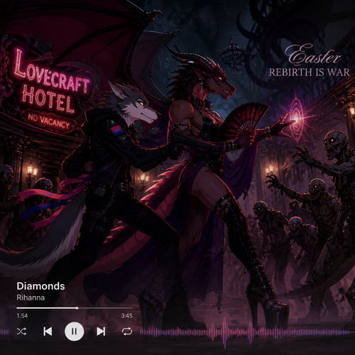 A well-made bisexual male character, Sergal and the drag queen a sexy male Dragon, both facing the living dead inside the lovecraft hotel on today’s Easter. A badass teamwork. A horror animated version of reality. Side view. Does better with music (much like Rihanna’s Diamonds)