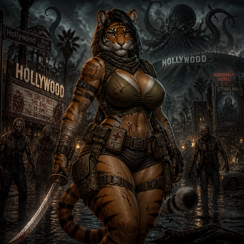 A busty well-made adult anthro Tiger that has thick thighs and survival gear on and holding a saber sword for a mixed up dark lovecraft zombie apocalypse, in Hollywood. 