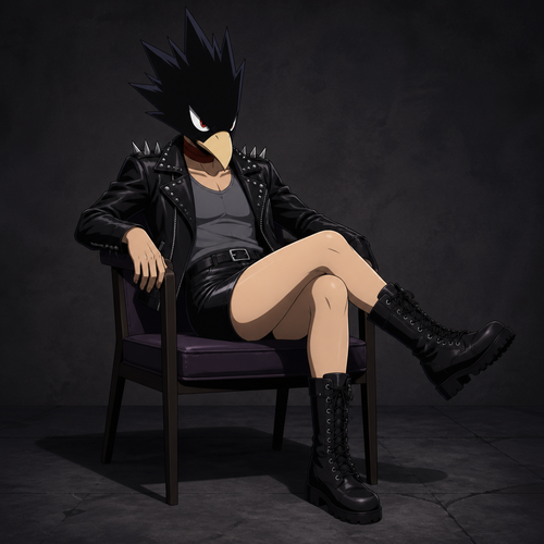 Tokoyami Fumikage  wearing leather shorts, grey tank top, leather jacket with short spikes and combat boots. Sitting on a chair with her legs crossed and a glare on his face. Anime style, solo, full body.