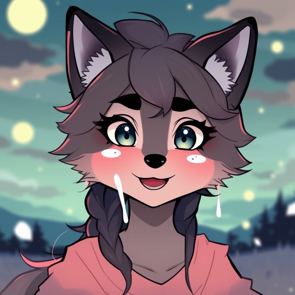 Loona, human furry, white liquid on her face, blushing.