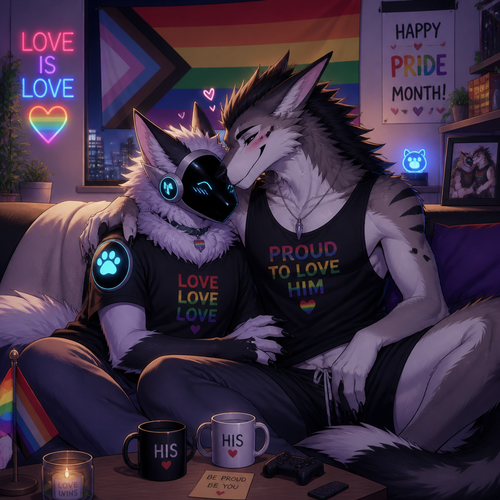 Today’s pride month. Two males lived together in apartment. A Protogen and a Sergal. Sitting together in a sofa. Animated version. Yaoi.