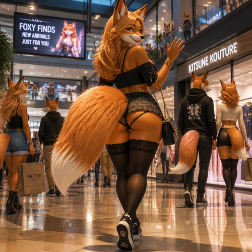 A well-made busty female Fox lady character. Has thigh highs and a bushy tail. At the modern mall. Animated well version. Friendly and cool. Backshot view. All Foxy Vulpine people. 