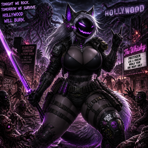 A busty well-made sexy adult anthro waterproofed Protogen that has thick thighs and survival gear on while holding a saber sword that loves to rock and roll by facing a mixed up dark spicy lovecraft zombie apocalypse, in Hollywood alone. Anime verse.