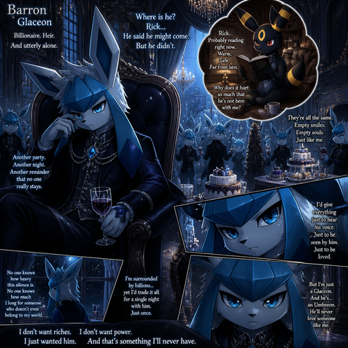 A very wealthy Glaceon (the male Barron) that wonders about a non-rich grown Umbreon male character (named Rick) who’s not coming and stayed at home reading while not around in his welcoming party. There were cakes and snacks also booze on each table. A well-animated version. All Glaceons. Inside the mansion. Has no real friends. Deep grief and loneliness. Wanted to see while thinking about Rick. Too dramatic and serious. Secretly gay and just wanted to love. Dislikes other billionaire lunatics. Heartless or cold hearted.