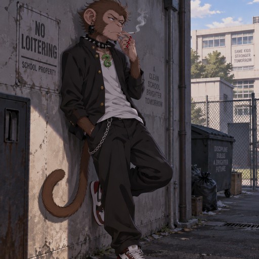 A high school aged male monkey with a tail wearing a stereotypical American delinquent outfit with obsidian skull earrings, ruby rings on all fingers on his right hand, and an emerald dragon pendant on a spiked collar. He is behind the high school leaning against the wall smoking. Anime art style, full body.