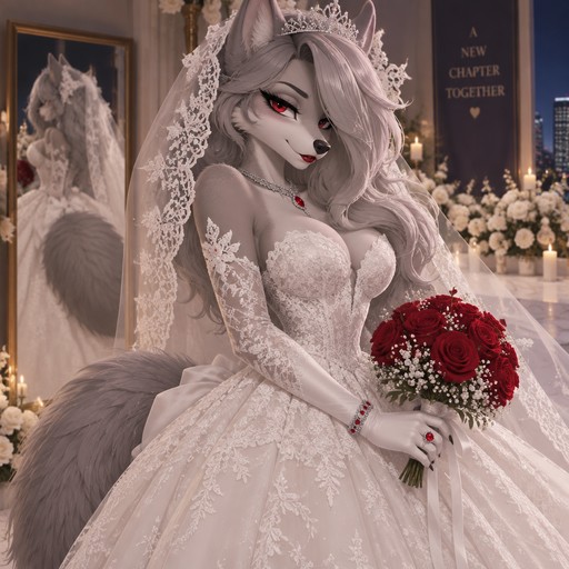 İMVU 3B Virtual World  Furry gri tail kuyruk HellouvaLoona Boss Wolf gri Furry tail furry head furry fox female anime   female  bride Gelinlik wedding hairs danteli kabarık beyaz gelinlik glowes uzun kollu uzun white duvak tiara solitaire bouquet red diamond ring bracelet necklace ruj red lips