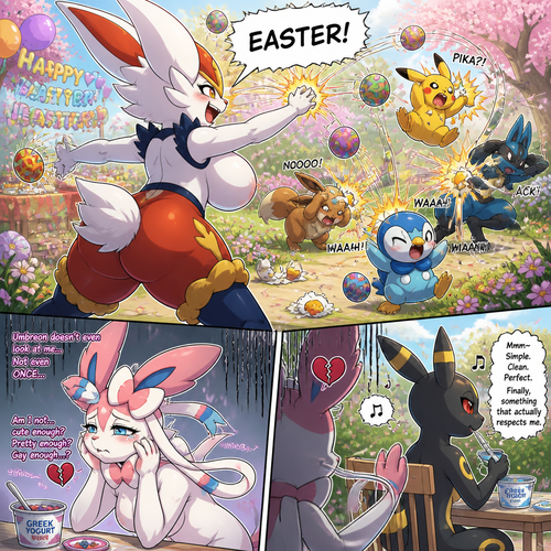 A busty well-made fluffy female Pokemon character, Cinderace. Who celebrates on today’s Easter Day and shouts, EASTER! And wrecking up a place like a crazy party gal while she knocked other terrified Pokemon by throwing eggs at them but A cute but creepy but a gay male Sylveon just as sad and irritating about being ignored by a male Umbreon while eating a healthy yogurt distracted and appreciated. All well-made characters. A dramatic and a funny comedy show. A comic views. Spring season. Side/back view.