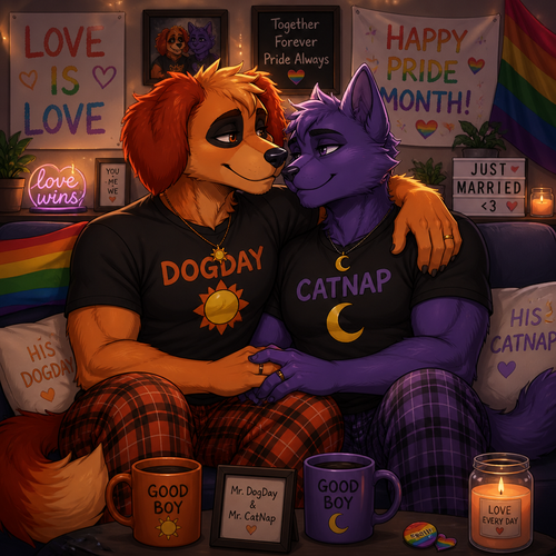A anthropomorphic smiling critters verse. Both anthro DogDay and Catnap are both boyfriends living together and married. Sits together on a sofa. Today’s pride month. Both grownups. Animated art version. Looking at each other in wholesome. Yaoi.