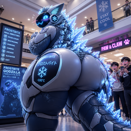A Big Protogen frostbite Godxilla With Thick Thighs And A Huge Butt at a mall 🍑 with a flustered expression 
