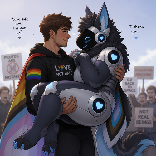 A shy (well-made original character) thick grown Protogen who’s been carried by a friendly/loving Human male as a liberal and a Protogen lover who is saving from the haters. Well-made animated version. Side view. Looking at each other.