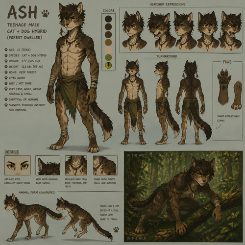 A teenage male cat and dog hybrid who lives in the forest as a wild animal, reference sheet, animated version 