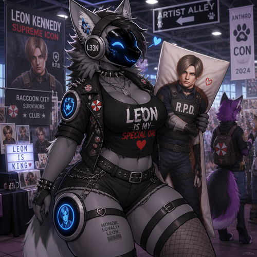 A busty tomboy Protogen (a well-made female character) a big fan of Leon Kennedy in Resident Evil saga. Has thigh thiccness. A punk. Carrying a body pillow. Inside a Anthro Convention Center. A well-made animated version.