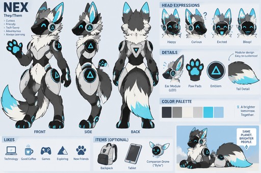 Full-body character sheet of a (well-made original character) protogen.