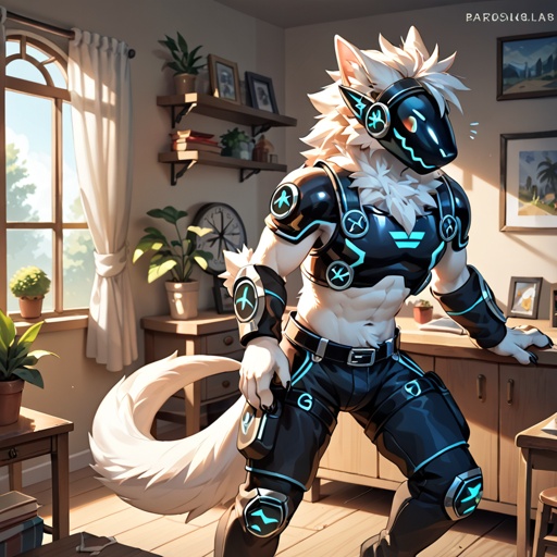 A well made pansexual male Protogen plays video games in the game room.