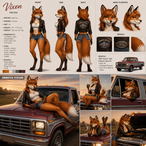 A beautiful female anthropomorphic fox lounging on the hood of a 1987 Ford F-250 with a Camper Special package and red and silver two tone paint, reference sheet, animated version
