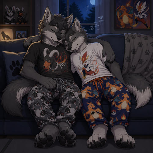 Young twin male dire wolfs sleeping on a couch cuddling together. One dire wolf is wearing mightyena theme pajama pants and a houndoom theme shirt. The other dire wolf is wearing Charizard theme pajama pants and Cinderace theme shirt. Anime art style. Full body