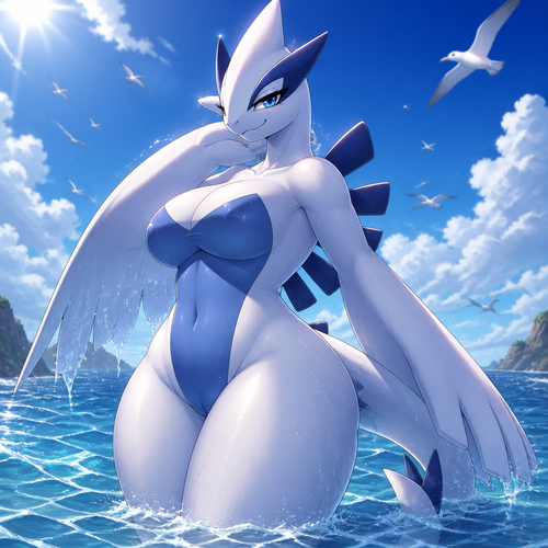 A well-made adult anthro Pokemon character, a female Lugia. Wonder around in the ocean. Has thick thighs and eyeliner. Enjoy the day. Very confident.