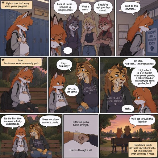 A multi panel comic about a lanky teenage female anthropomorphic fox named Jamie that is pregnant in high school, Jamie is first made fun of before she runs away to a park and meets a lanky female anthropomorphic saber tooth tiger named Star who is also pregnant in high school and becomes Jamie’s friend, animated version