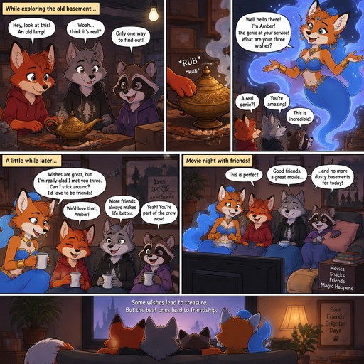 A multi panel comic about a female anthropomorphic fox named Ember a female anthropomorphic wolf named Timber and a female raccoon named Jamie. It starts with them in a basement finding a genie lamp and rub it then a female anthropomorphic fox genie comes out, the genie has a blue tail and is named Amber. After a little while they become friends and start hanging out on the couch and watch a movie, animated style