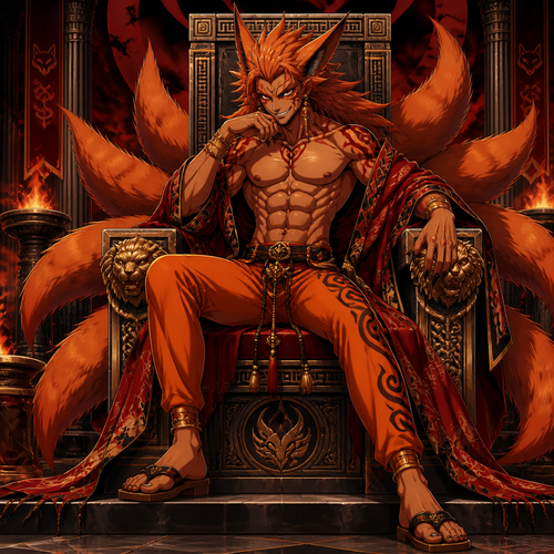 A demonic looking male nine tailed fox wearing tight orange pants, no shirt showing a 16 pack of abs, a open red robe, sandals, and gold earrings. He is sitting on a Greek inspired throne with a wicked look on his face. Anime style art, solo, full body.