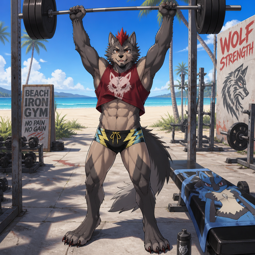 A teenage male dire wolf wearing tight Zeraora themed swim trunks, a maroon sleeveless shirt with a wolf skull design and a short red mohawk hairstyle. The sleeveless shirt is riding up showing off a 8 pack of abs as the dire wolf is lifting weights over his head at an outdoor beach side gym. On a bench next to him lays a Lucario style towel. Anime art style. Solo full body
