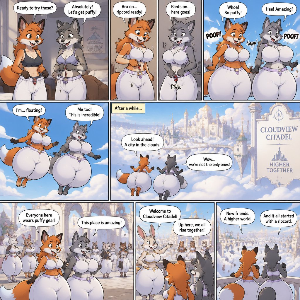 A multi panel comic about a female anthropomorphic fox and her wolf friend putting on bras and pants with ripcords that make them puffy, after pulling the ripcords they start floating, after a while they float into a city in the clouds where everyone wears puffy bras and pants, animated style