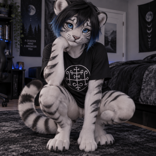 white tiger cub with short black hair with blue ends, digitigrade footpaws, wearing black shirt with Sitri sigil in white, with blue eyes