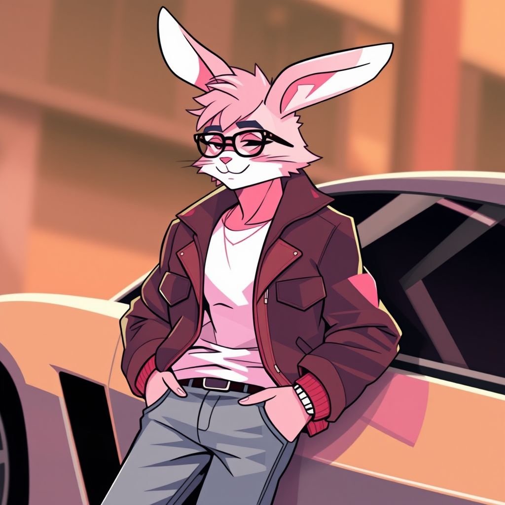 Bunny,pink fur,gay,softy,male,furry,femboy,fursona,glasses,jeans,jacket,tall,looks cute, leaning against a car