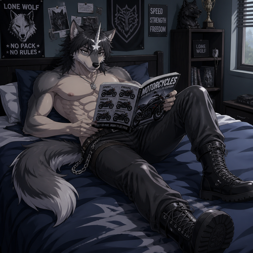 A high school aged male wolf with a white star on his forehead with a horn coming out the middle of the star. He is wearing leather pants, shirtless showing off a 16 pack of abs, and black combat boots. He is looking through a motorcycle catalogue as he is laying on his bed. Anime art style, solo, full body.