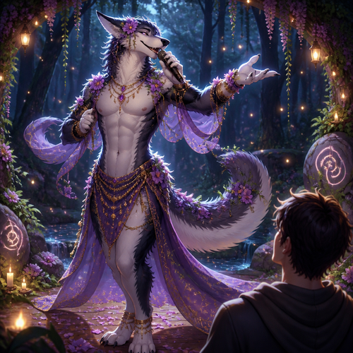 A well-made dancing homosexual adult gay Sergal male doing a belly dancer in a front view and sang a song to impress a young man at the enchanted forest or is. A well-made animated verse. Wears some flowers on fur.