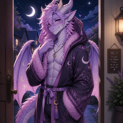 A friendly shy immortal alike femboy grown male character (well-made) anthro moon lavender lung Dragon with pink & purple fur and a pretty one that wears a robe with a hoodie who came to say hi as a friendly neighbor.