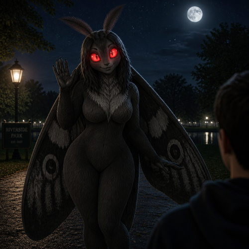 A friendly fuzzy anthropomorphic Mothman female that looks attractive and means no harm while spotted a human at night in a middle of a park.