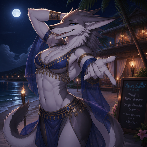 A homosexual adult male Sergal, doing a belly dancer, has good hips and a pretty smile, wears eyeliner, at the beach at night, and works at a resort on the island. Giving a flirting look. In an animated verse. A hidden bulge.