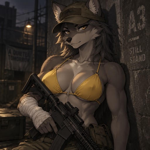A high-quality 2D anime-style digital illustration depicting an anthropomorphic female wolf with an attractive, muscular physique—featuring strong biceps, a full bust, and defined abdominals—and a confident expression. She wears a weathered, olive-green military-style cap and a vibrant yellow bikini top. Her right arm is wrapped in white bandages, extending from the wrist to the middle of the forearm, and she holds a black tactical rifle. She is leaning against a dark, textured concrete wall in a dimly lit urban setting. The composition is a half-body shot, focusing on the character’s torso and face. The lighting is dramatic and directional, casting soft shadows and highlighting the contours of her silhouette. The color palette is dominated by subdued earthy tones, creating an atmosphere that is rugged yet serene.