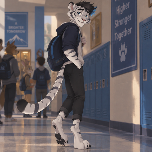 male white tiger,slim, high school, blue eyes, short black hair with blue tips, digitigrade feet, disney style, 
