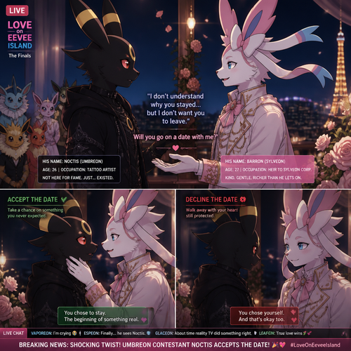 In a dating reality show on live (a well-made animated version) a non-rich half gothic grown Umbreon male is surprisingly unbelievably been accepted to become a boyfriend to this super rich kind grown Sylveon male (the Barron) for not understanding why that doesn’t mind to lose and leave. In an anthropomorphic Pokemon universe. Never asks and want to be there but been gifted. A good ending. Side view. All well-made characters. A modern present day. Been asked on a date. Decides wisely to accept or reject.