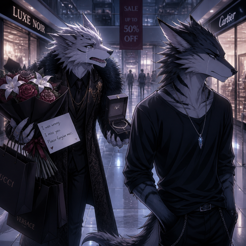 An arrogant billionaire male Sergal who brought gifts and flowers for an apology for the things he did/said by regret while begging forgiveness to an ex-boyfriend male Sergal that wears a necklace who’s not rich enough yet unhappy mood while looking away to ignore while walking away at the mall. A sad ending anime.