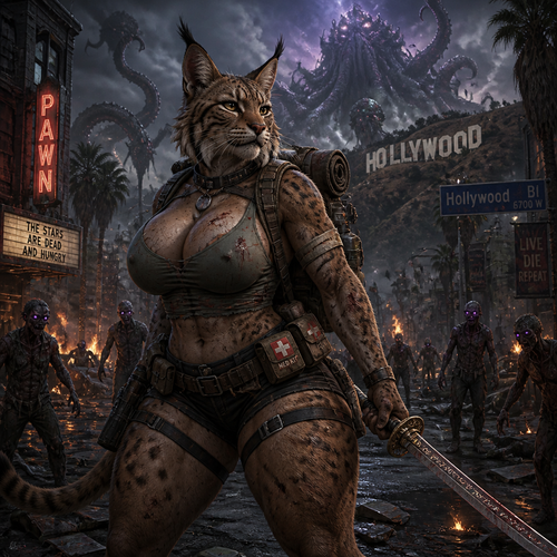 A busty well-made adult anthro Bobcat that has thick thighs and survival gear on and holding a saber sword facing a mixed up dark spicy lovecraft zombie apocalypse, in Hollywood alone. 