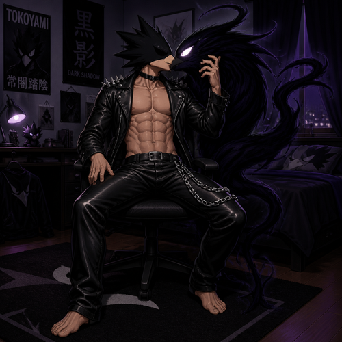 Tokoyami Fumikage wearing leather pants with a chain hanging off the right hip, shirtless showing off 16 pack of abs, and a leather jacket with shirt spikes on the shoulders of the jacket. He is sitting on a chair in his bedroom kissing his quirk Dark Shadow who is male. Anime art style, full body.