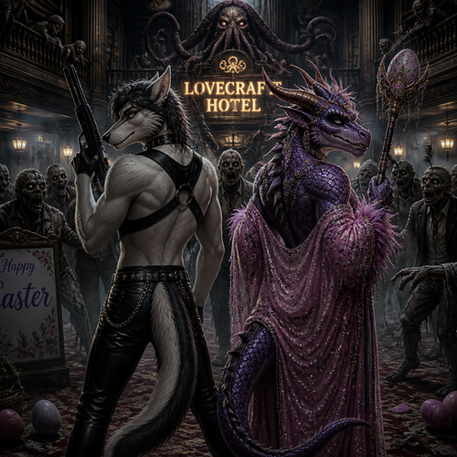 A well-made homosexual male character, Sergal and the drag queen a Dragon male, both facing the living dead inside the lovecraft hotel on today’s Easter.
