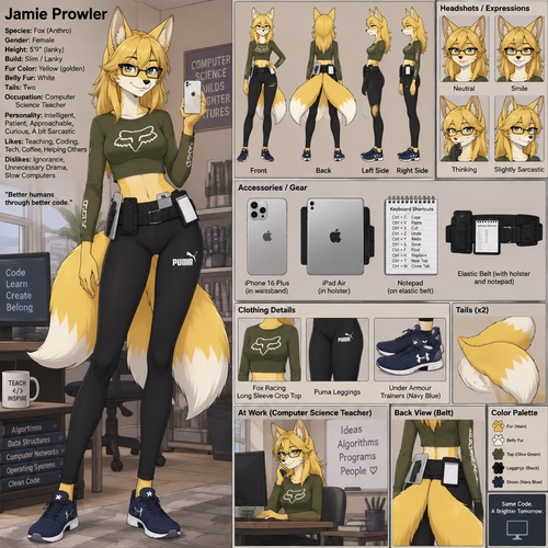 A lanky female anthropomorphic fox named Jamie Prowler that has two tails and yellow fur, white belly, wears glasses, wearing a olive green long sleeve fox racing crop top and a pair of black Puma leggings, keeps her phone (iPhone 16 Plus) in the waistband of her leggings, keeps her tablet (silver iPad Air) in a holster on a elastic belt, has a small notepad with keyboard shortcuts on it she keeps on her elastic belt, wears navy blue under armor trainers, is a computer science teacher, is in a room alone, reference sheet, one big picture, animated version 