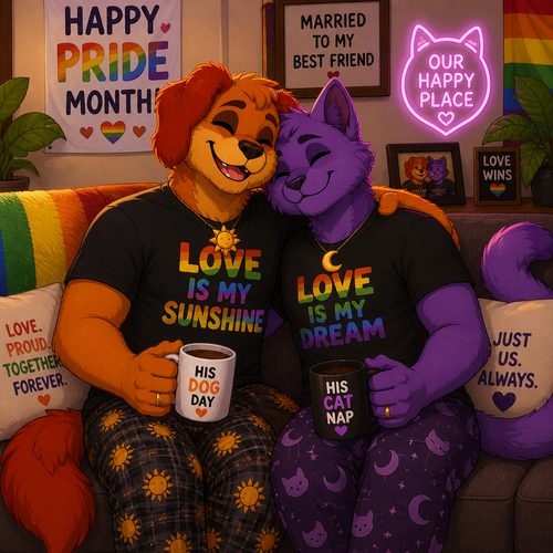 A anthropomorphic smiling critters verse. Both anthro DogDay and Catnap are both boyfriends living together and married. Sits together on a sofa. Today’s pride month. Both grownups. Animated art version.