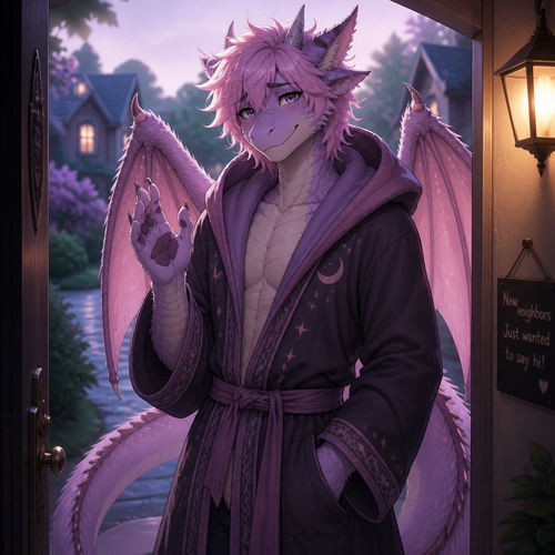 A friendly shy immortal alike femboy grown male character (well-made) anthro lung Dragon with pink & purple fur that wears a robe with a hoodie who came to say hi as a friendly neighbor.