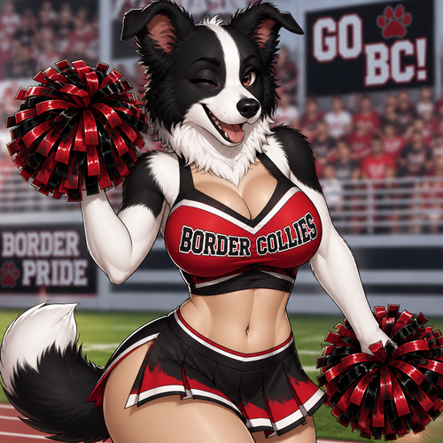 Hot Anthropomorphic border collie cheerleader in a red and black uniform, animated style 