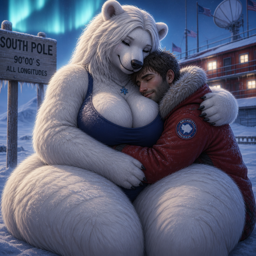 A busty well-made lovely anthro female polar bear that has thick thighs and thick fur who lives in a South Pole. Giving a man a gentle snuggle for warmth.